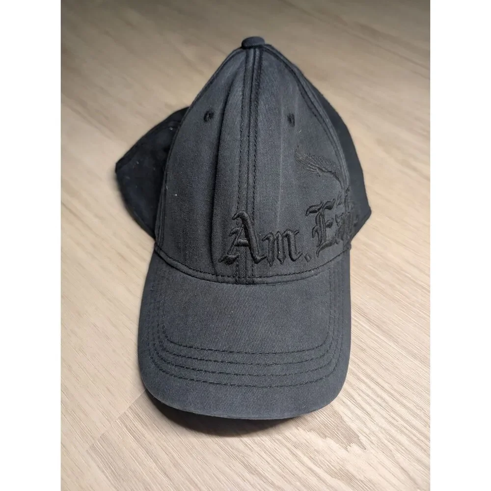 American Eagle Black Baseball Cap L-XL Tonal Embroidered Logo Stretch